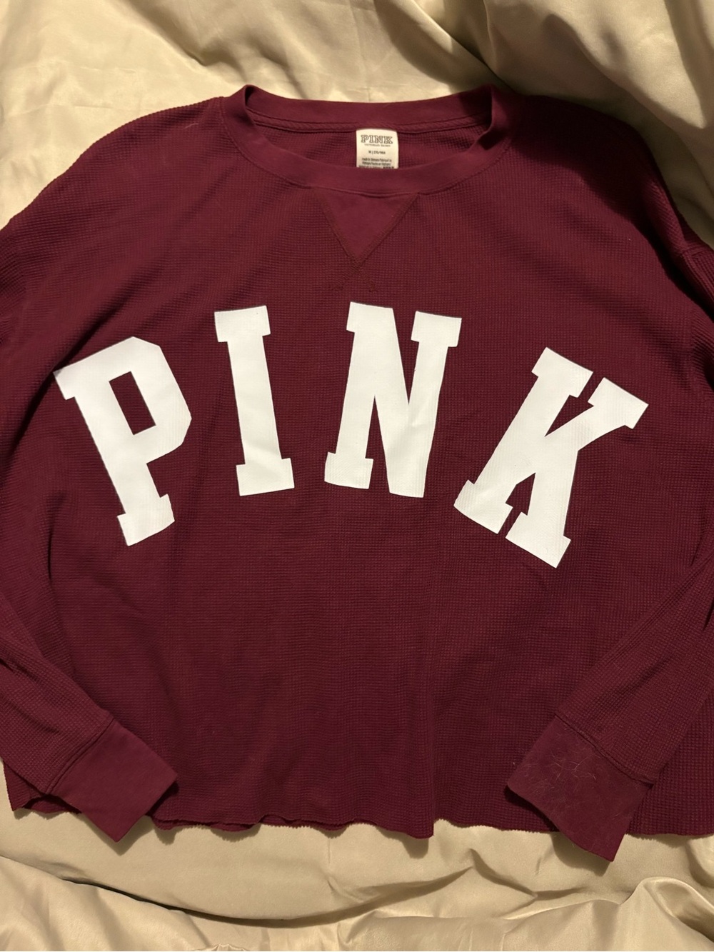 PINK Victoria's Secret Waffle-Knit Crewneck Sweater in Burgundy with White Logo